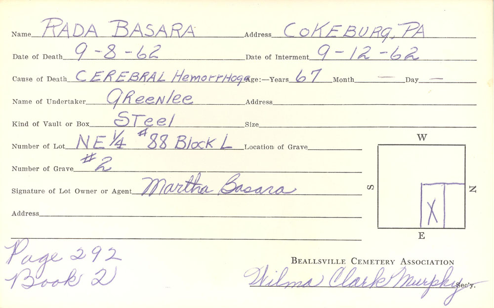 Rada Basara burial card